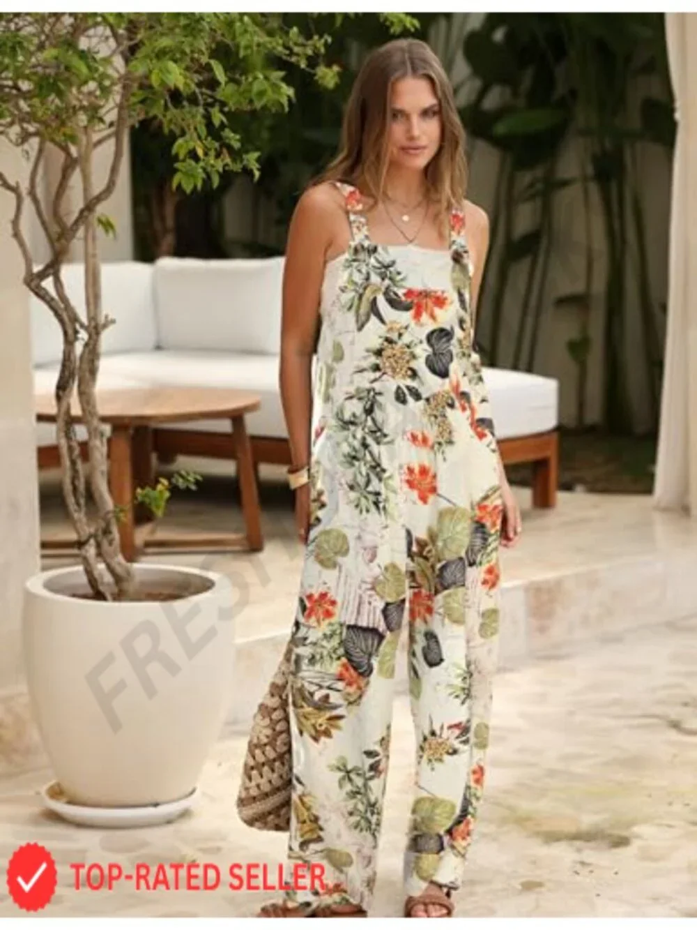 Women's Patchwork Floral Jumpsuit with Bib Pockets